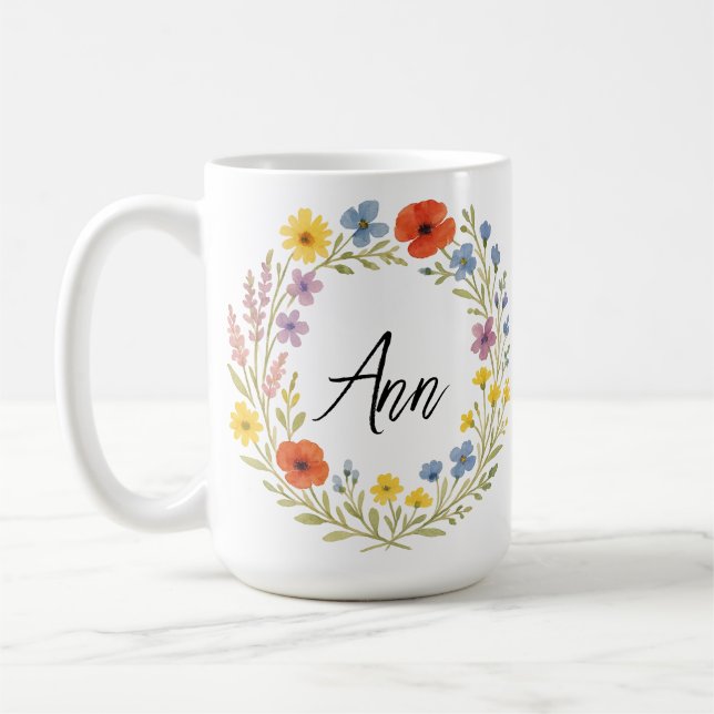 Unique Watercolor Wild Flower Wreath Customizable  Coffee Mug (Left)