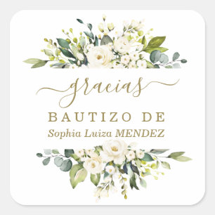 Unique Watercolour White Flowers Spanish Bautizo Square Sticker