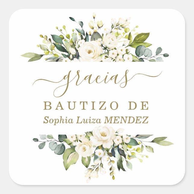 Unique Watercolour White Flowers Spanish Bautizo Square Sticker (Front)