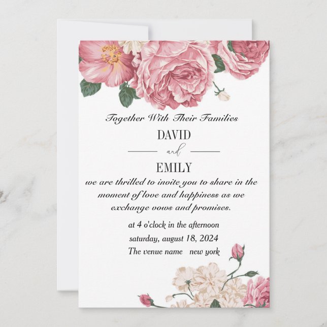 Unique Wedding Invitation with Red and White Roses (Front)