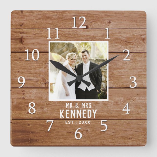 Unique Wedding Photo Anniversary Wood Personalised Square Wall Clock (Front)