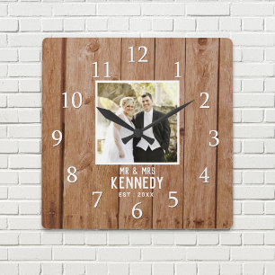 Unique Wedding Photo Anniversary Wood Personalized Square Wall Clock