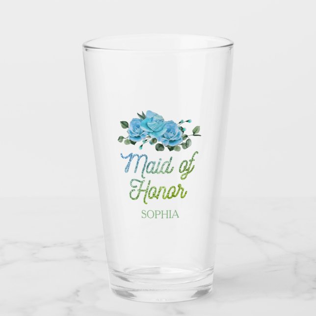 Unique Wedding Rustic Blue Roses Maid of Honour  Glass (Front)