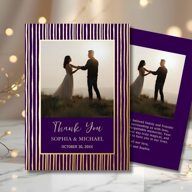 Unique Wedding Thank You Card 2 Photo Purple Gold (Creator Uploaded)