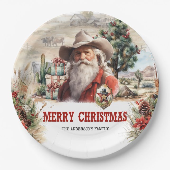 Unique western style Santa with sheriff's badges Paper Plate (Front)