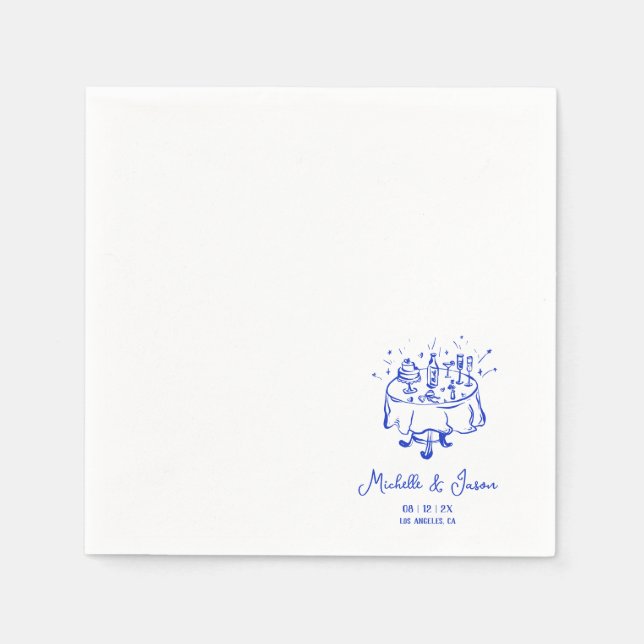 Unique Whimsical Blue Hand Drawn French Bow Photo Napkin (Front)