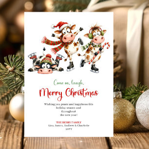 Unique Whimsical Cows Cartoon Christmas Greeting C Holiday Card