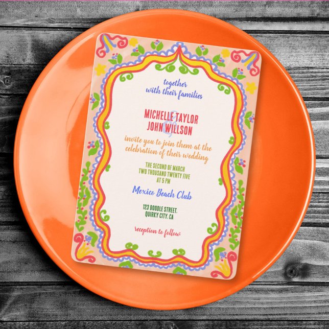 Unique Whimsical Floral Quirky Doodle Hand Drawn  Invitation (whimsical unique colorful hand drawn floral wedding invitation)