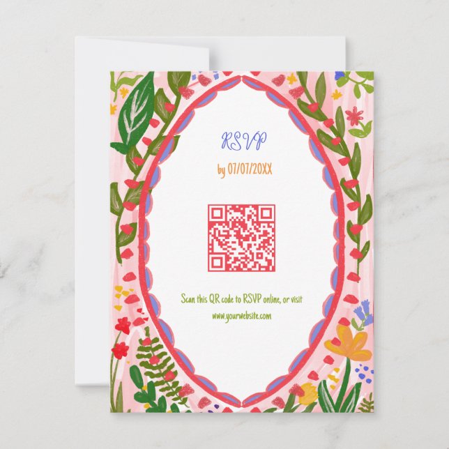Unique Whimsical Floral Quirky Hand Drawn QR Code RSVP Card (Front)