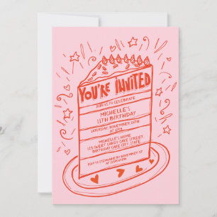 Unique Whimsical Fun Hand Drawn Birthday Cake Invitation