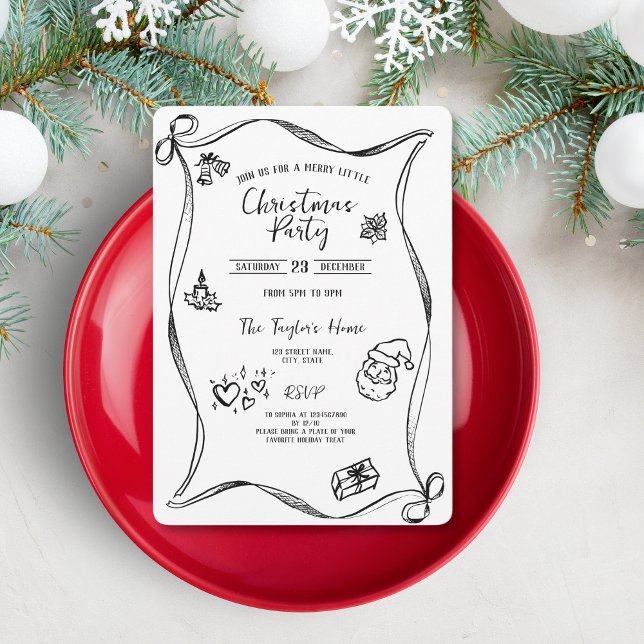 Unique Whimsical Hand Drawn Bow Christmas Party  Invitation (Creator Uploaded)