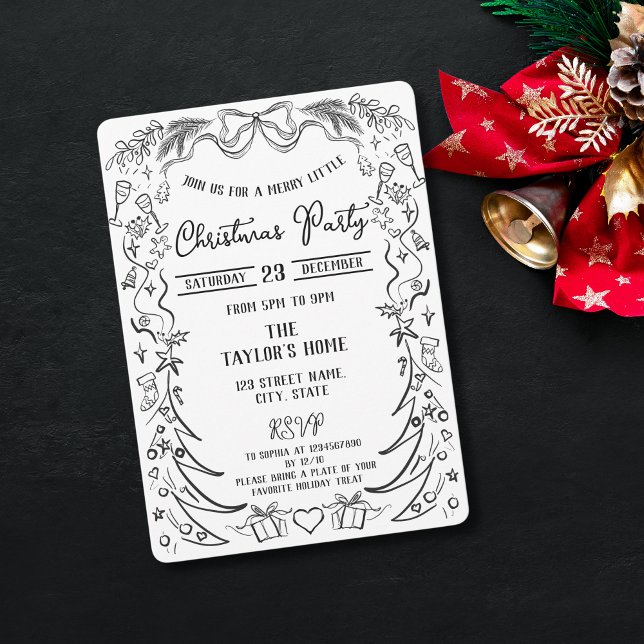Unique Whimsical Hand Drawn Bow Christmas Party  Invitation (hand drawn doodle christmas frame)