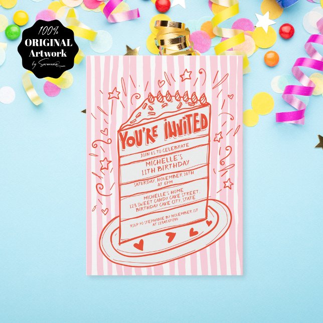 Unique Whimsical Hand Drawn Doodle Birthday Cake Invitation (Creator Uploaded)
