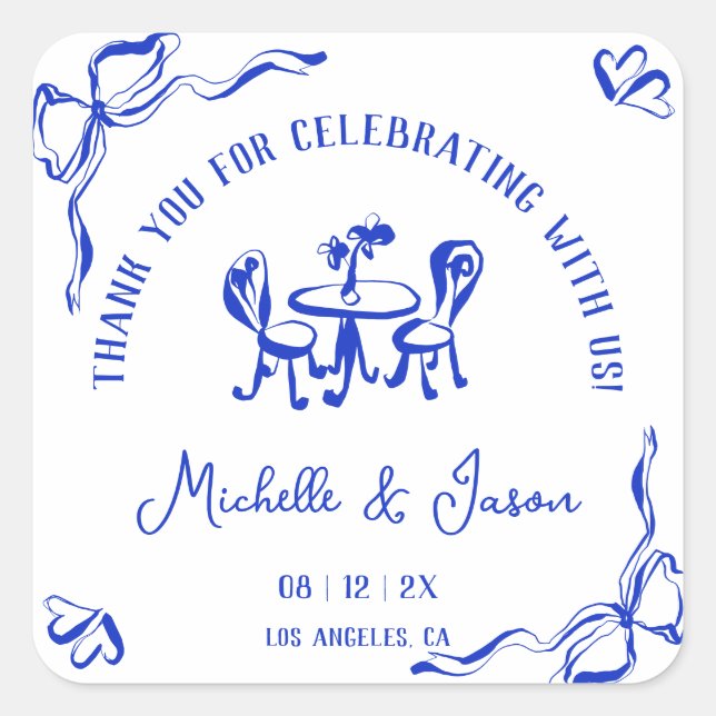 Unique Whimsical Hand Drawn French Bow Thank You Square Sticker (Front)