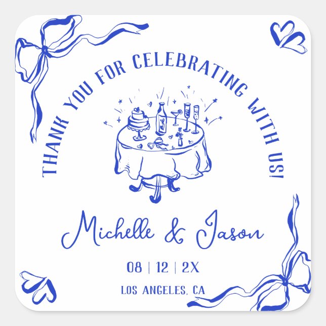 Unique Whimsical Hand Drawn French Bow Thank You Square Sticker (Front)