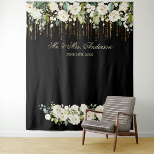 Unique White Floral Black Wedding Photo Booth Tapestry