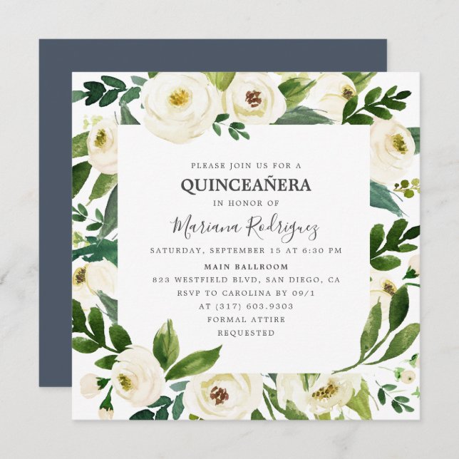 Unique White Floral & Greenery Quinceañera Invitation (Front/Back)