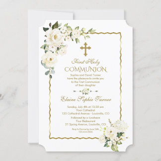 Unique White Flowers Gold First Holy Communion Invitation