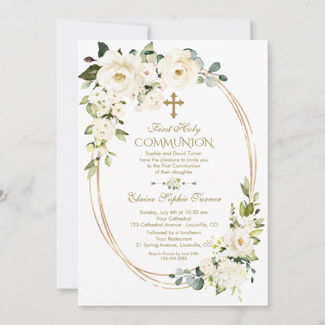 Unique White Flowers Gold First Holy Communion Invitation (Front)