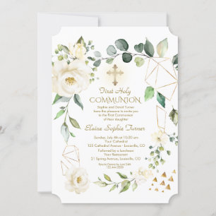 Unique White Flowers Gold Frame Holy Communion Invitation