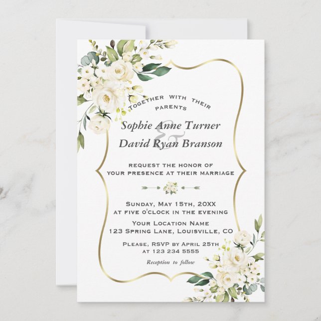 Unique White Flowers Gold Monogram Wedding Invitation (Front)