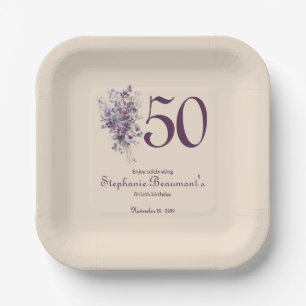Unique Woman's Plum Cream Floral 50th Birthday Paper Plate