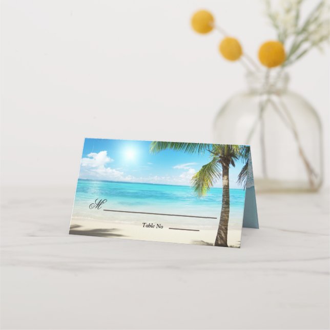 Unique Wooden Arbor Beach Flowers Wedding Place Card (Front)