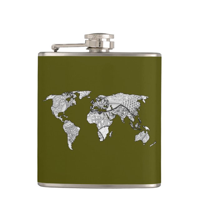 Unique World Map Art Doodle Hip Flask (Front)