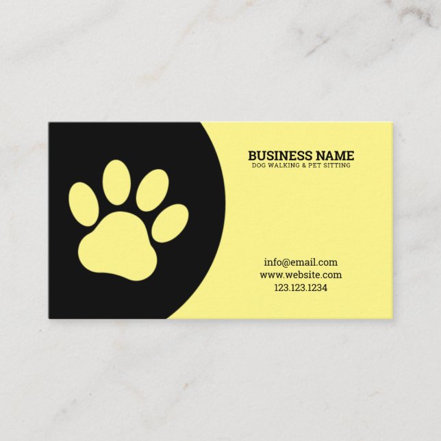 Unique Yellow and Black Single Paw Dog Walker Business Card (Front)