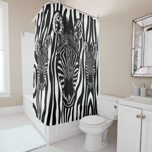 Unique Zebra Head on Zebra Print Shower Curtain (In Situ)