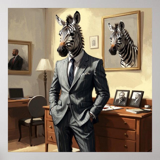 Unique Zebra with a Suit in Room Painting Poster (Front)