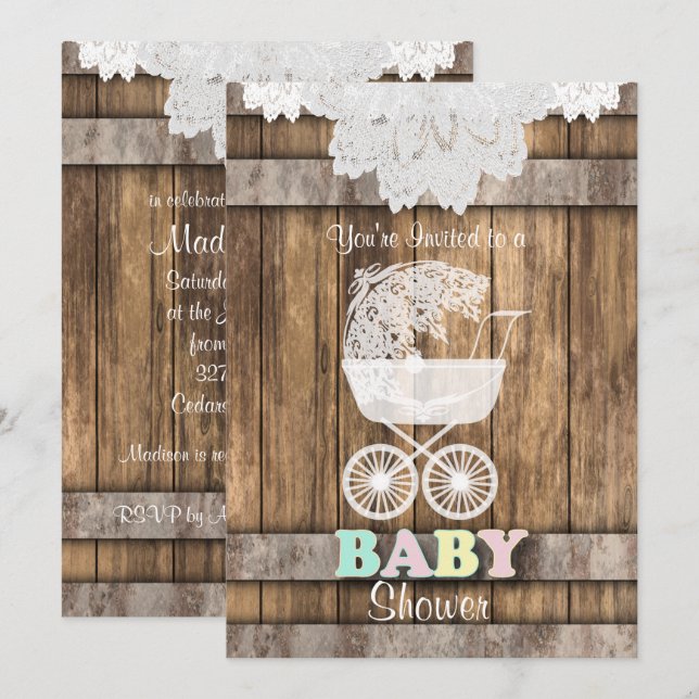 Unisex Baby 👶 Shower in Rustic Wood and Lace Invitation (Front/Back)