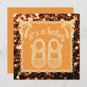 Unisex baby shower orange bronze sparkles Invite