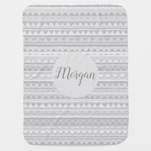 Unisex Cute Grey Tribal Zigzag Pattern with Name Baby Blanket