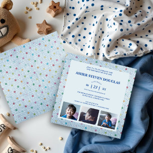Unisex Denim Polka Dots 3 Photos Children Birthday Invitation