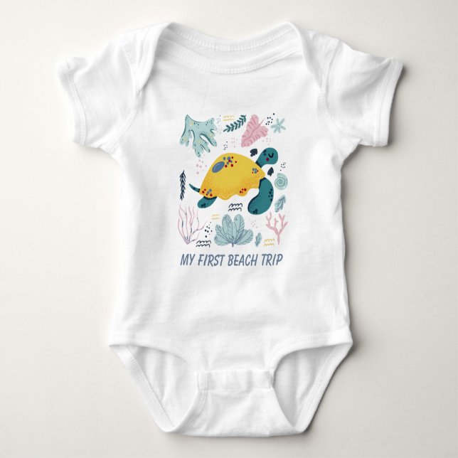 unisex first beach trip baby bodysuit (Front)