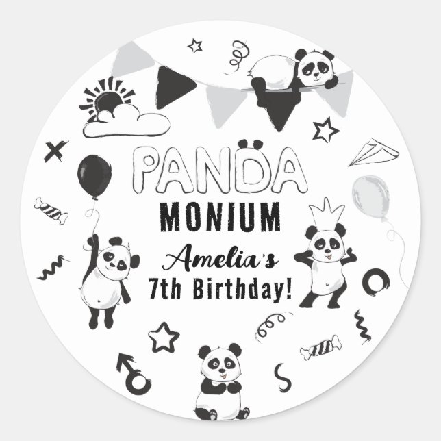 Unisex Fun Panda-Monium Kids Birthday Party Classic Round Sticker (Front)