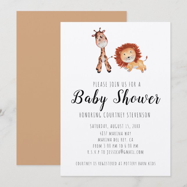 Unisex Giraffe & Lion Baby Shower Invitation (Front/Back)