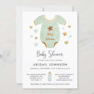 Unisex Green Gold Watercolor Retro Baby Shower Invitation