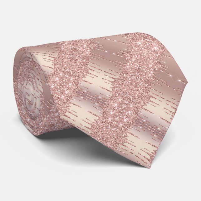 Unisex Neck Tie Rose Gold Blush Glitter Drips (Rolled)