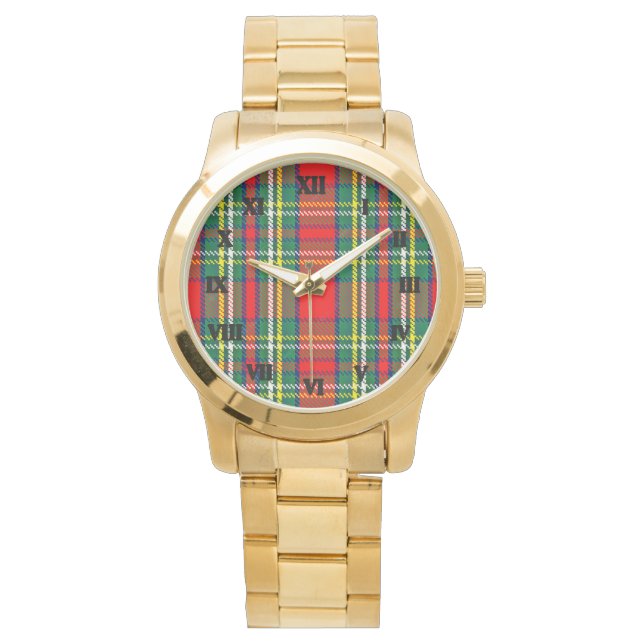 Unisex Oversized Scottish Plaid Tartan Gold Watch (Front)