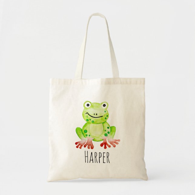 Unisex Watercolor Baby Jungle Frog and Name Tote Bag (Front)