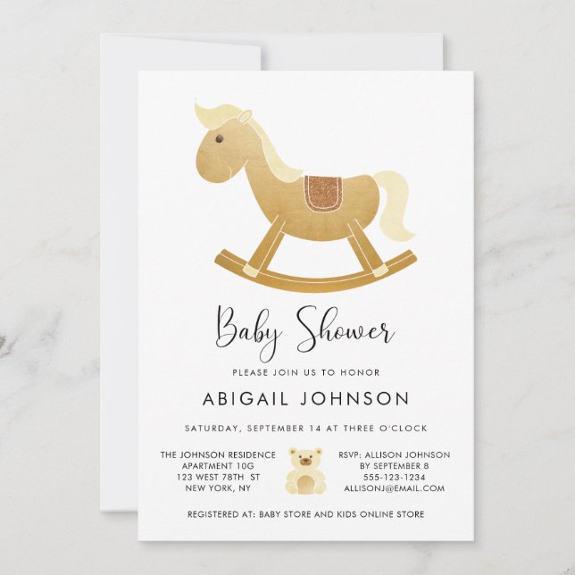Unisex Yellow Gold Retro Rocking Horse Baby Shower Invitation (Front)