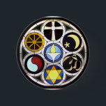 Unitarian Universalist Church Rockford, IL 6 Cm Round Badge<br><div class="desc">The Rehnberg Memorial Window was created by Rockford, Illinois artist, Frank Houtkamp in 1974 for the Unitarian Universalist Church in Rockford, on commission from the family of Axel F. Rehnberg (1883-1966), an inventor and co-founder of the Rehnberg-Jacobsen Manufacturing Co. Symbols beginning on Top and proceeding counter clockwise: Celtic Cross –Christianity...</div>