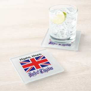 United Kingdom British Flag Black Personalisation Glass Coaster