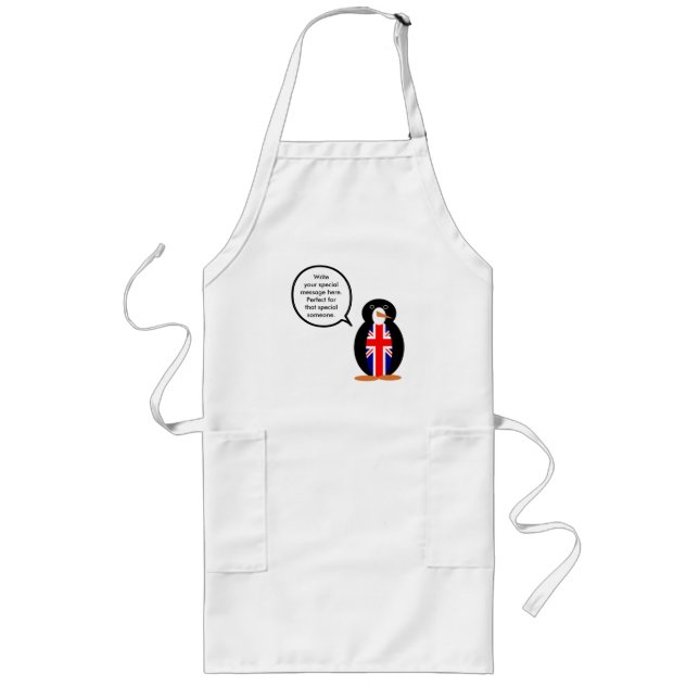United Kingdom Flag Talking Ms. Penguin Long Apron (Front)