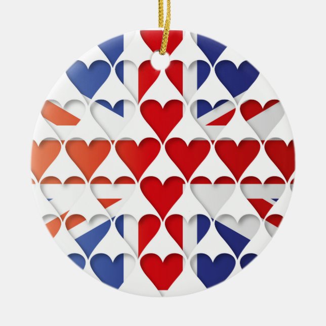 United Kingdom Great Britain Flag Hearts Ceramic Tree Decoration (Front)