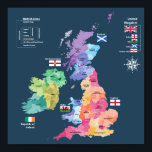 United Kingdom Map - England Counties Poster<br><div class="desc">Beautiful poster of United Kingdom and the British Isles. Has county names for England,  Scotland,  Wales,  Northern Ireland,  and Ireland. Colourful and informative. Great for anyone who loves all things British. Great gift for any anglophile! Licensed image.</div>