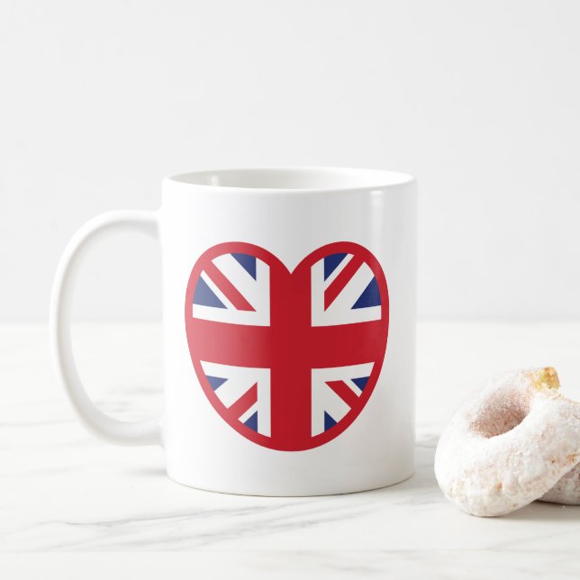 United Kingdom Union Jack Flag Heart Coffee Mug (With Donut)