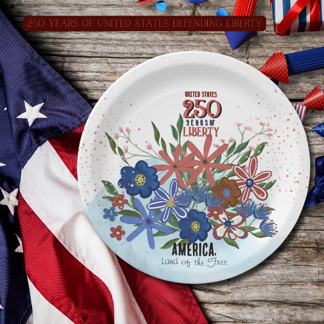United States 250 Years Floral Patriotic  Paper Plate (United States 250 Years Floral Patriotic Paper Plates)